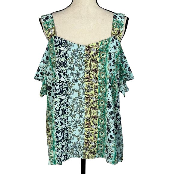 SOHO NY & Company Large Top Floral Cold Shoulder Ruffled Sleeve V-Neck Multi - Picture 1 of 9